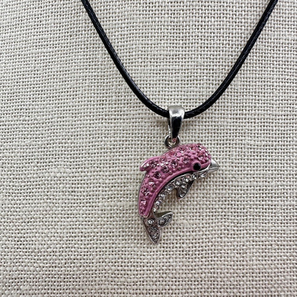 Vintage Y2K Pink Glass Silver Tone Dolphin Pendant Necklace Cord Fashion Jewelry